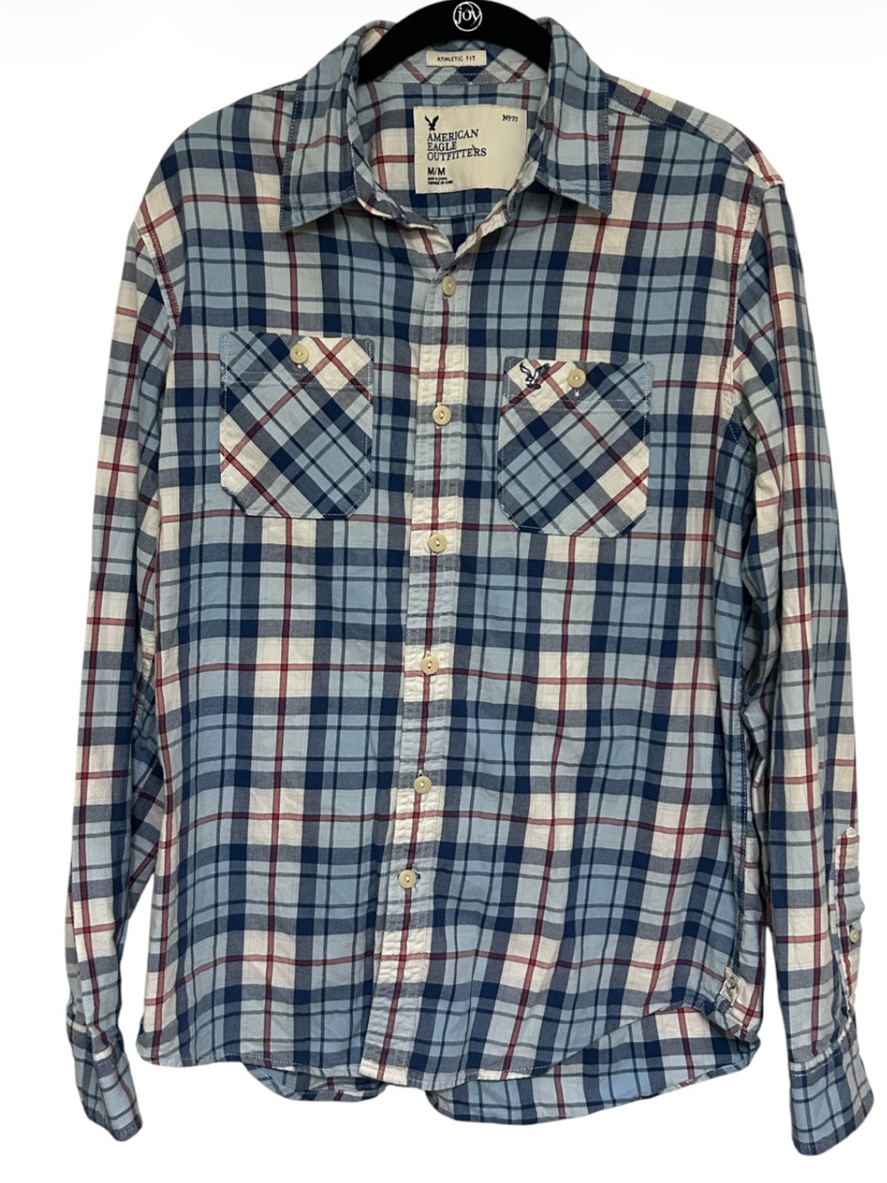 American Eagle Long Sleeve Athletic Fit Button Up Shirt Blue Plaid Size Med